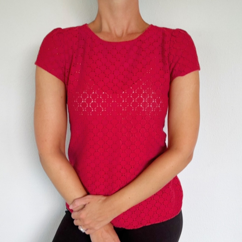 LOFT red silver glitter short sleeve textured eyelet lace blouse size XS